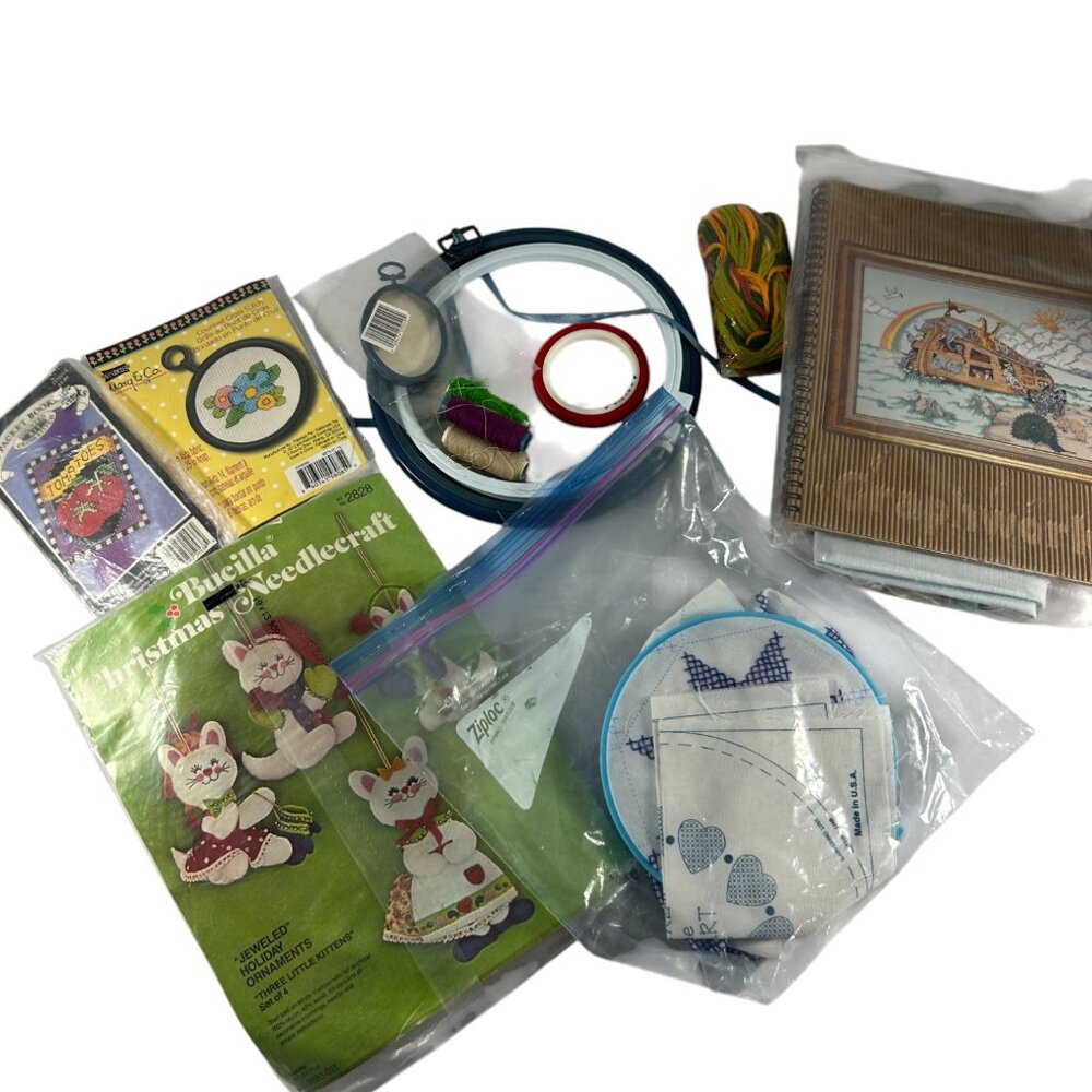 Mixed Needlepoint Craft Lot Kits Hoops Thread READ